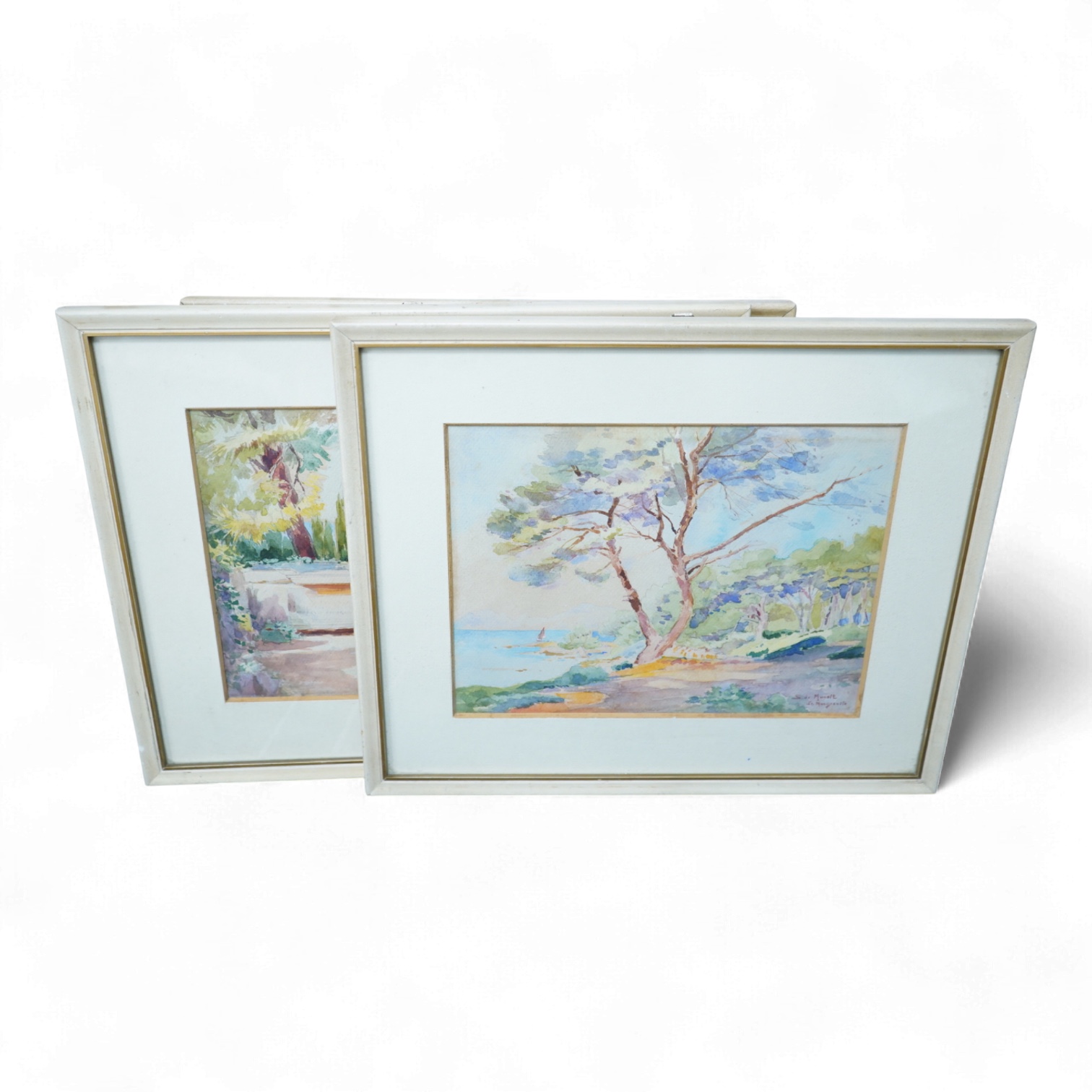 Italian School, ‘St. Marguerite and Parenzo’, each indistinctly signed and inscribed, pair of watercolours together with a similar impressionist oil, Figures before buildings, 21 x 24cm